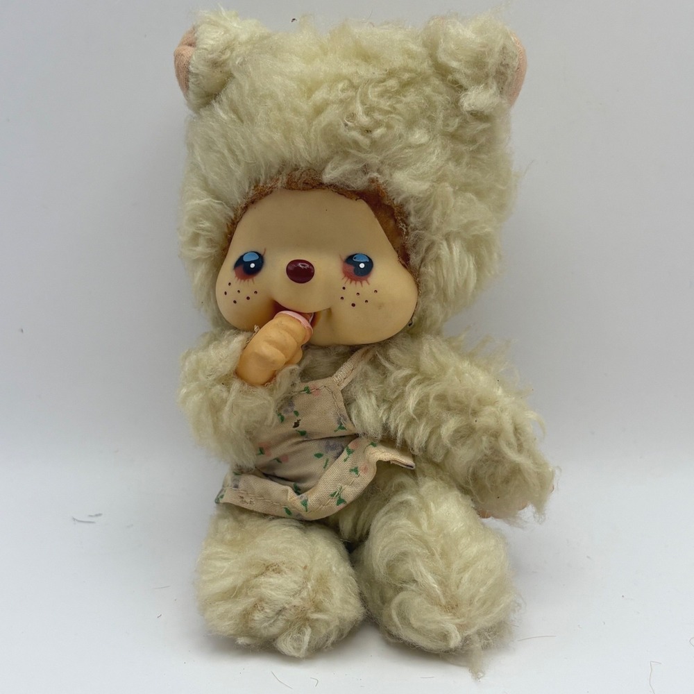 Vtg 1970s Sekiguchi Monchhichi Bear Plush Cute Baby Tobby Doll Apron Dress As Is